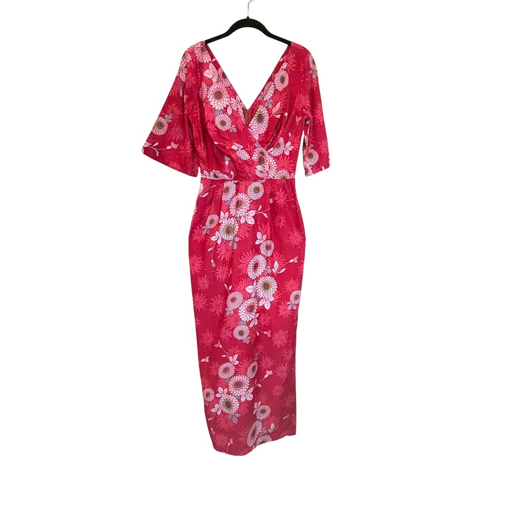 Vintage Kamehameha Hawaiian Dress Pink Red Floral Chrysanthemum Midi V-Neck Midi